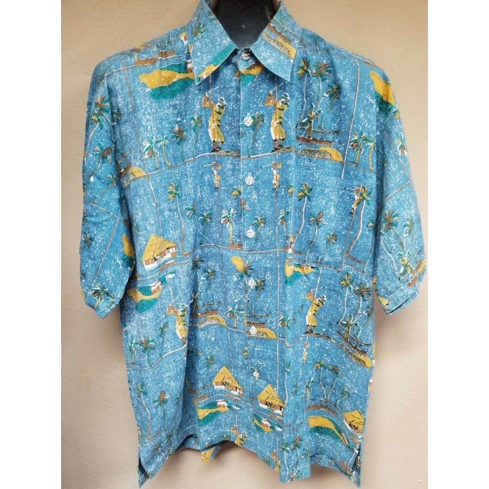 Sunset Highway Mens Button Up Hawaiian Shirt Large Blue Cotton Short Sleeve